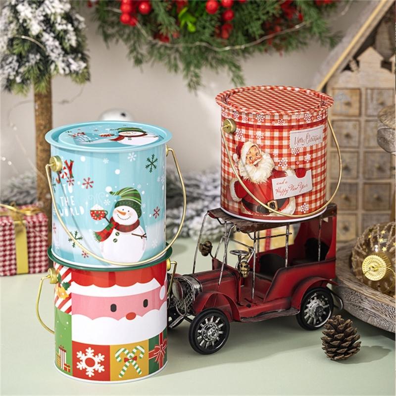 Pack Of 2 Christmas Treat Boxes with Handle Handheld Round Bucket Tinplate Sweets Cookie Container for Party Use