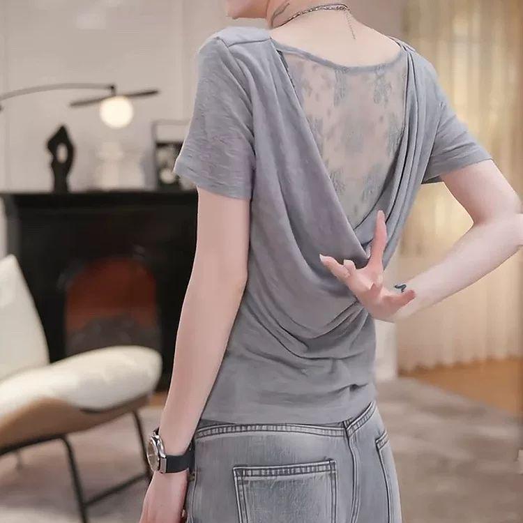 

Lace Patchwork Backless Cowl Neck Top - Plus Size Short Sleeve Summer Fashion XXS серый