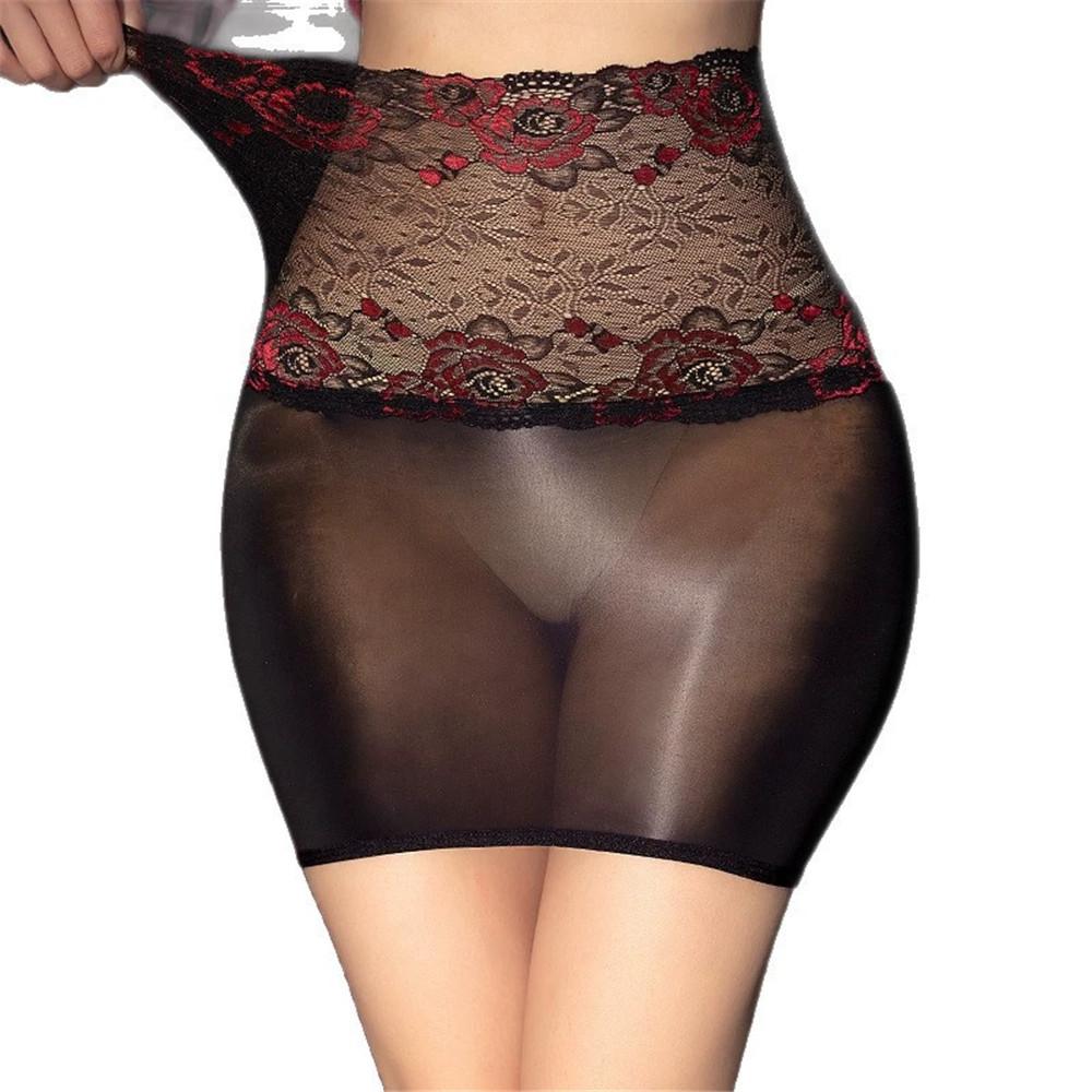 Sexy Women Lace High Waist Skirt Oil Glossy Shiny Micro Mini Skirt Sheer See Through Tight Elastic Maid Package Hip Skirt