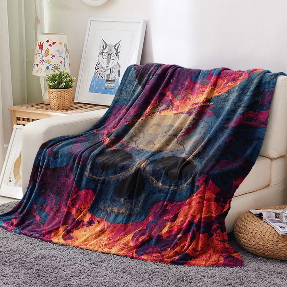 Winged Skull Print Flannel Blanket, High Quality Comfortable for All Seasons, Home Decor, Warmth and Comfort
