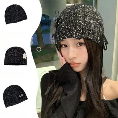 Niche Design Cute Black Hollow Bow Cold Hat Women Versatile Elastic Lace Hat Hot Girl Pile Hat