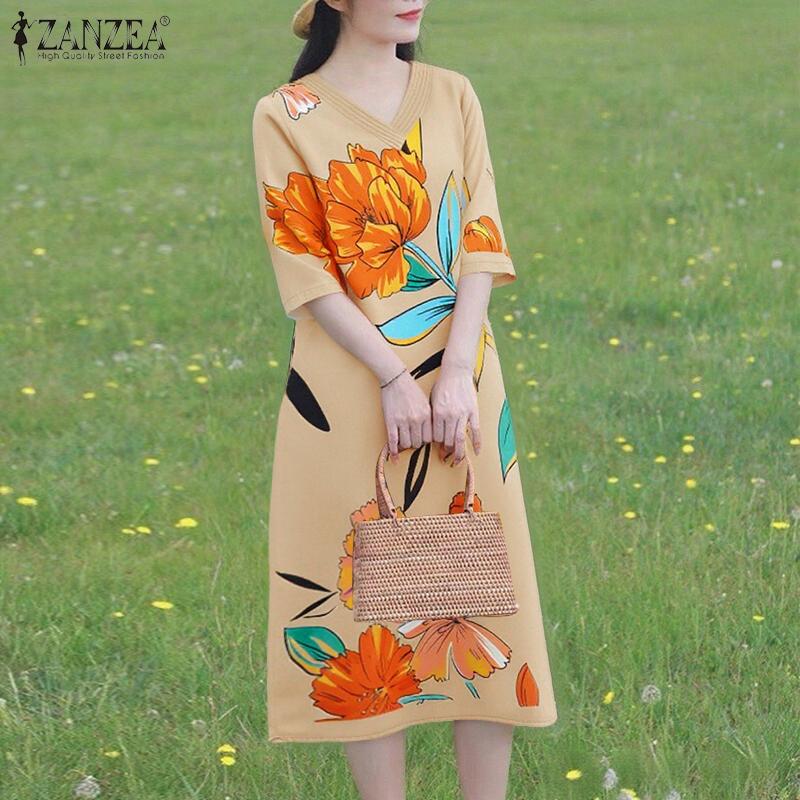 ZANZEA Women Casual V-Neck Loose 3/4 Sleeve Floral Print Dress