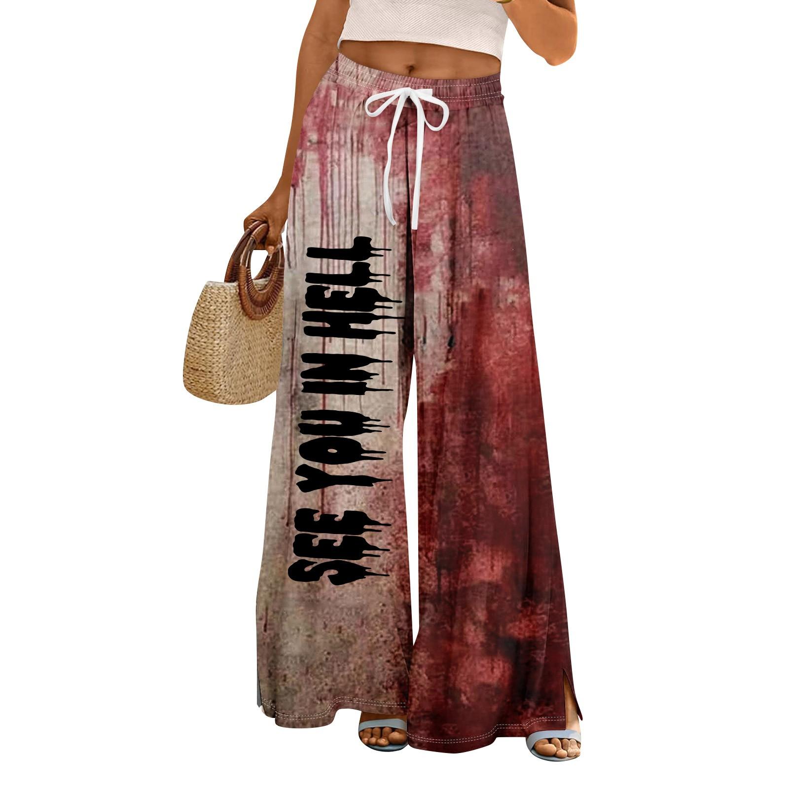 

Женские летние брюки палаццо в стиле бохо с высокой талией и широкими штанинами, с принтом на Хэллоуин, повседневные брюки с карманами L винный