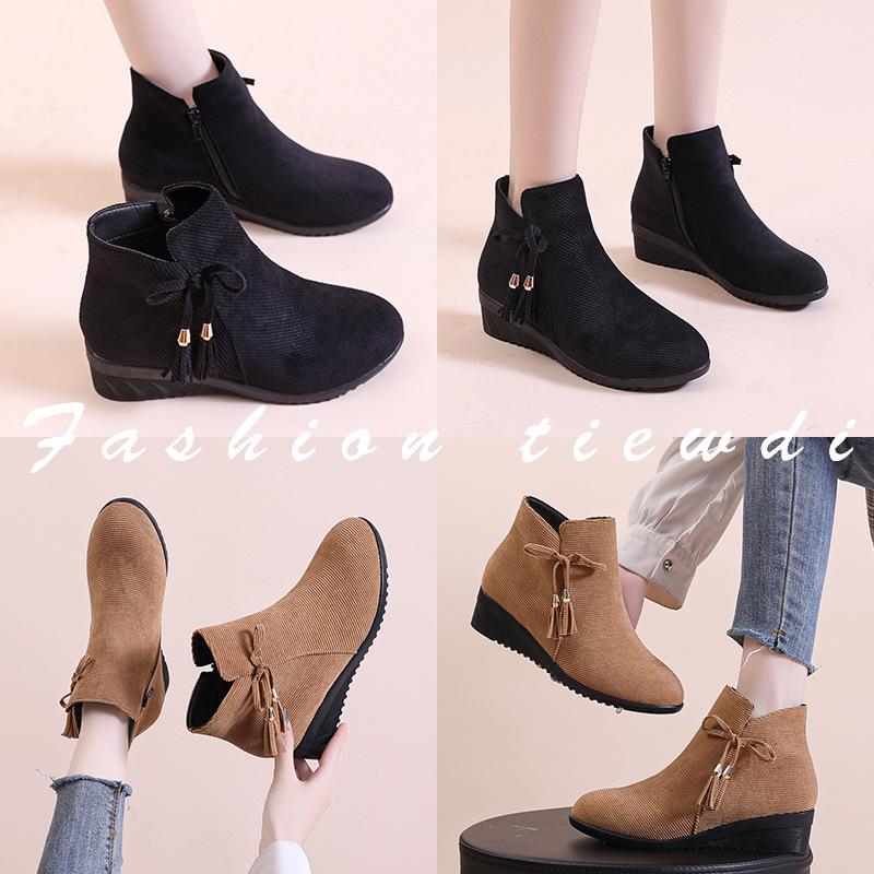 Winter new women's boots round head side zipper wedge heel women's suede large size bow solid color fashion boots