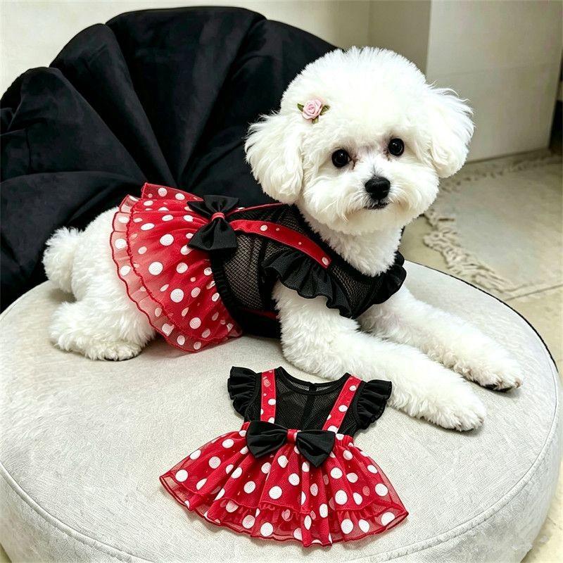 Pet Dog Dress Polka Dot Mesh Sleeveless Skirt Small Breeds Sun Protection Princess Style