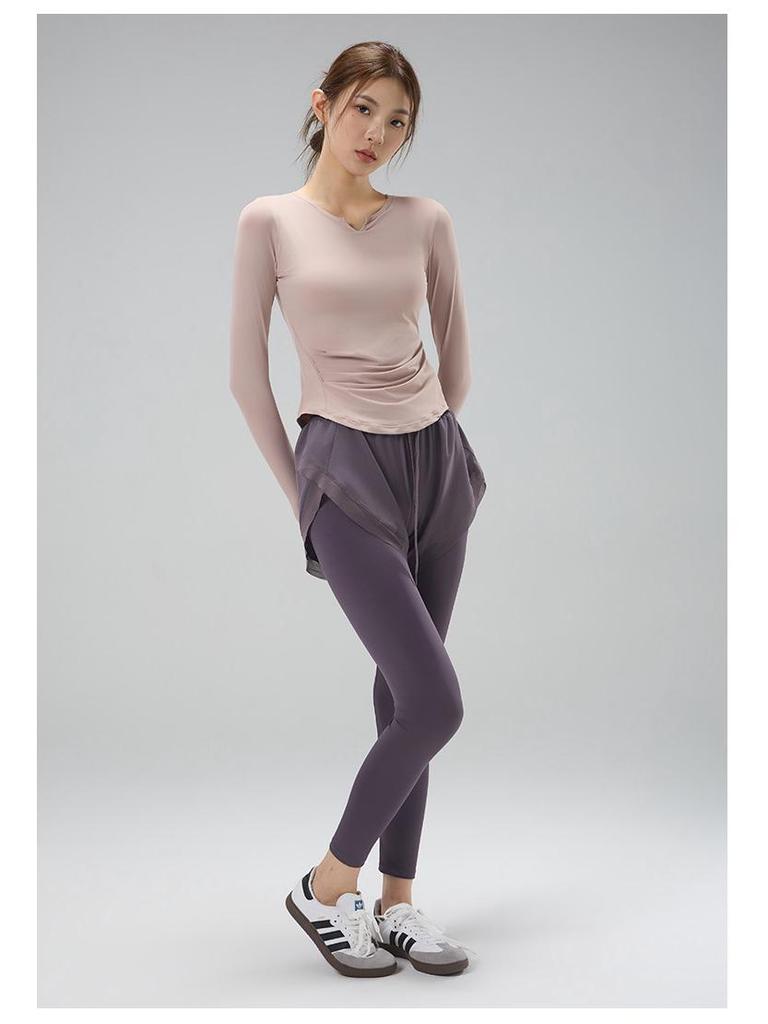 Women's V-Neck Yoga Set: Quick-Dry, Breathable, Fashionable Two-Piece with Chest Pads and Long Sleeves