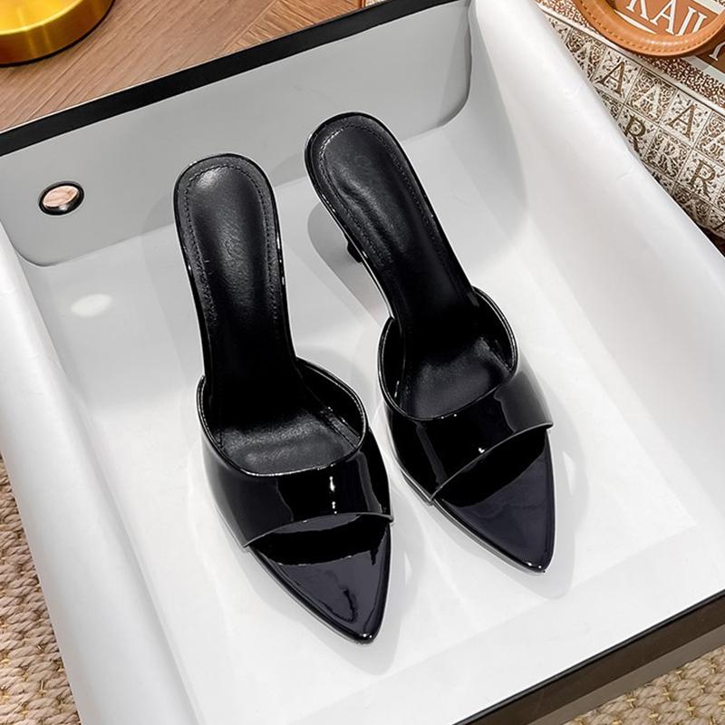 Pointed Open Toe High Heels Slippers Women Outdoor Slides Ladies Party Shoes Japanned Leather Sandalias Mujer Sexy Flip Flops