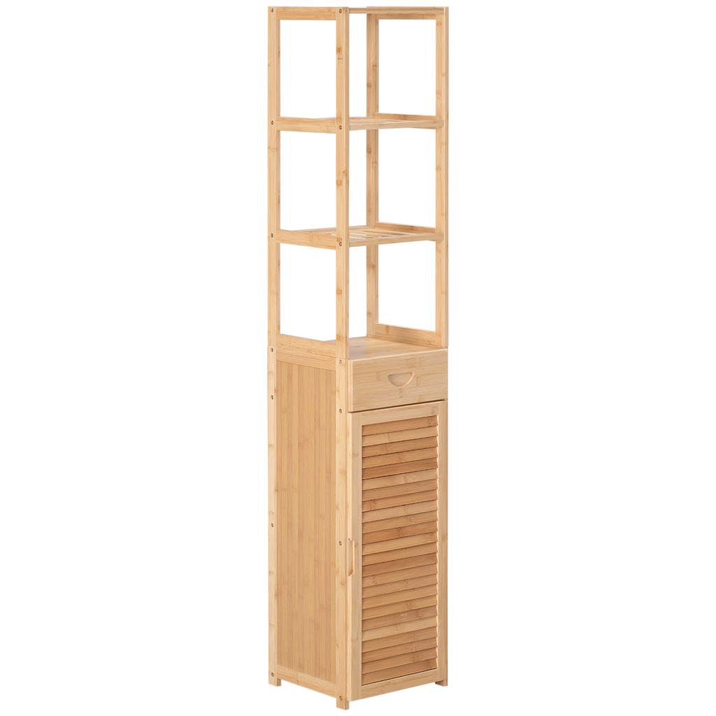 Bathroom Shelf, 3 Open Compartments, Drawer, Louvered Door, Bamboo, 32 x 30 x 163 cm