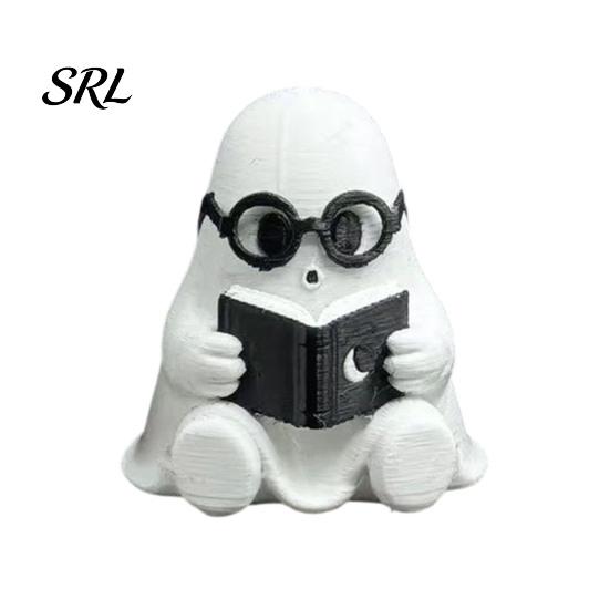 Cute Ghost Decor Halloween Figurine, Holding Coffee/Book/Record Resin Statue, Trendy Interior Soft Furnishings Spooky Tabletop Ornament for