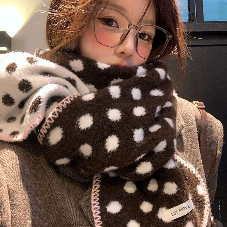Wool Korean Double-sided Polka Dot Scarf Women's Autumn and Winter Warm Thickened Knitted Scarf Versatile Soft Waxy Student Couple