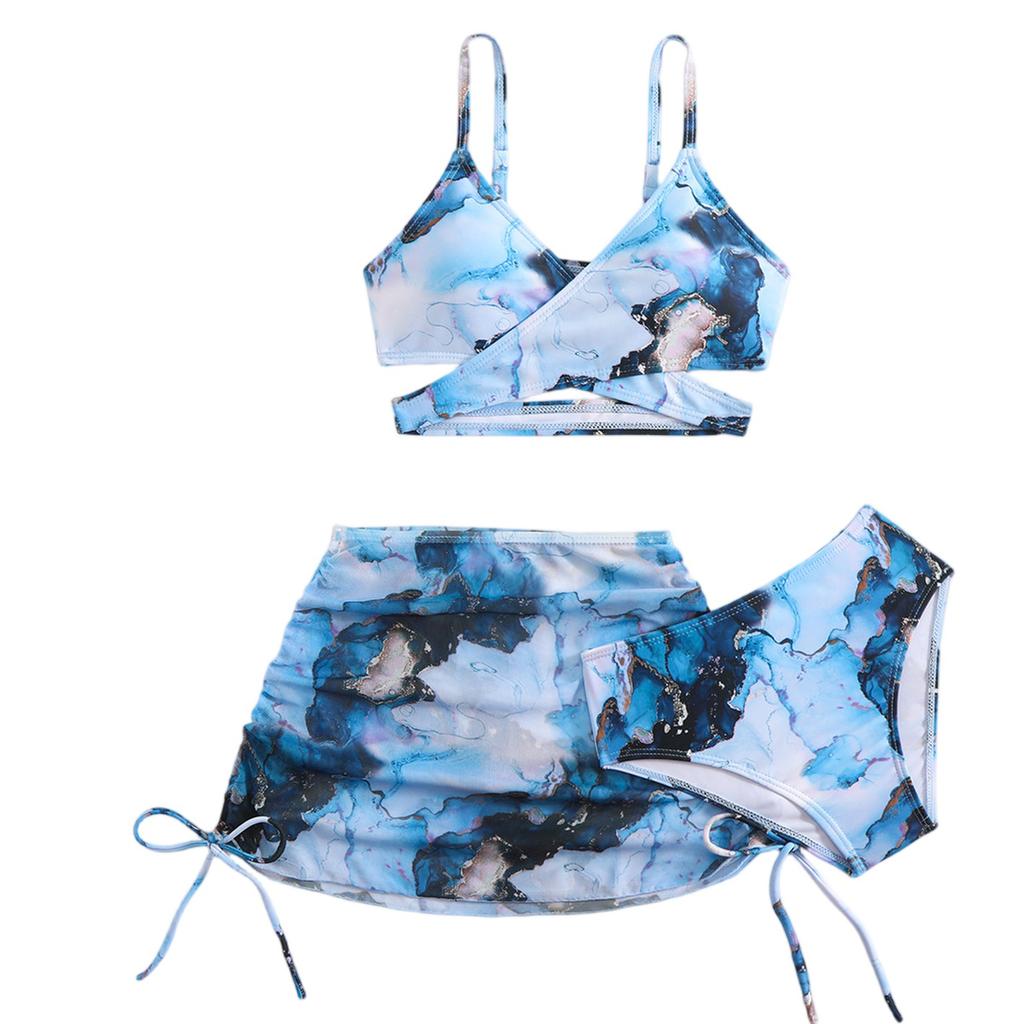 Piger To-delt Badedragt Sæt Tre-delt Tankini Bikini med Justerbare Stropper og Skørt Cover-up til Sommer Strand Pool Vandaktiviteter