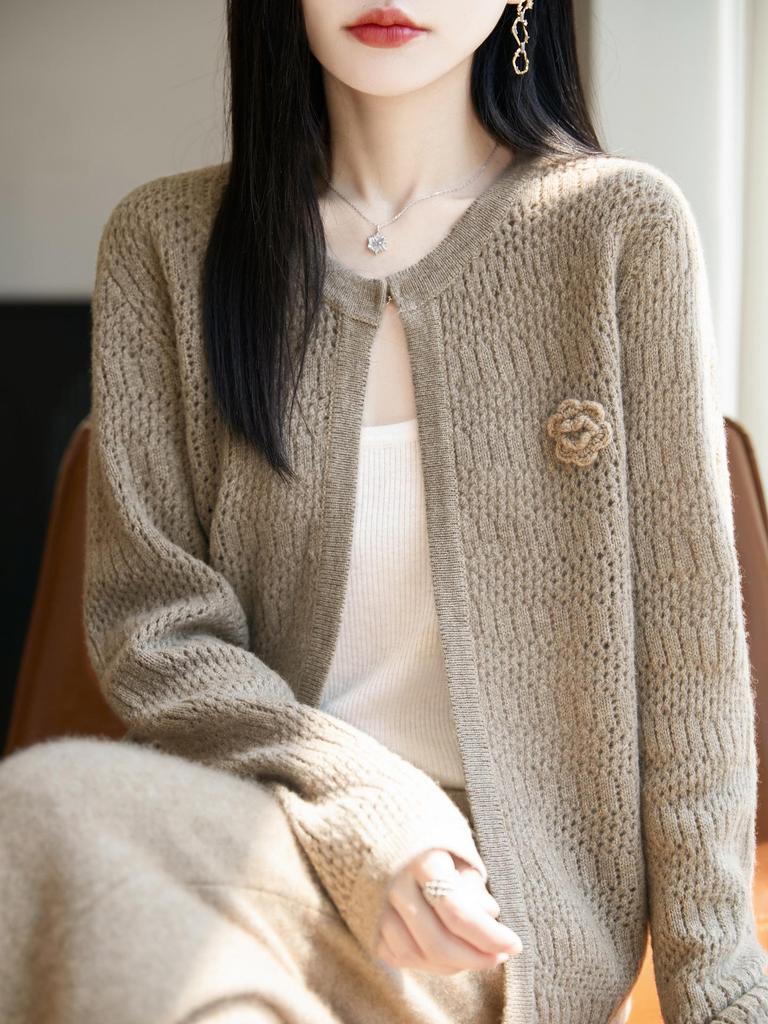 2025 Women's Shawl Style Sweater Cardigan: Round Neck, Hollow Out, Loose Fit, Versatile Long Sleeve, 100% Wool Outerwear