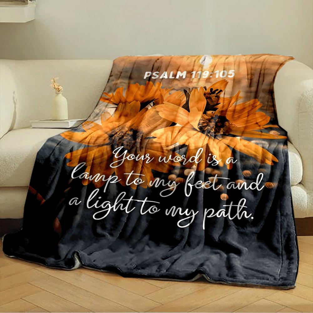 Yellow Flowers with Text Overlay and a Glowing Sunset Reflection. for All Seasons Blanket Lunch Break Throw Gift