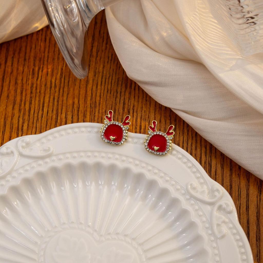 Year Of The Dragon Festive Chinese Style Diamond-Set Natal Year Earrings, Guochao Red New Year'S Blessing High-End Ear Buckles