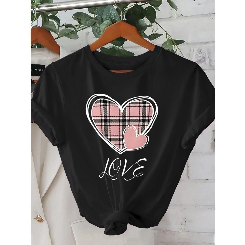Pink Checkered Love Pattern Printed Summer Women's T-shirt Top Round Neck Short Sleeved Casual Women's Clothing