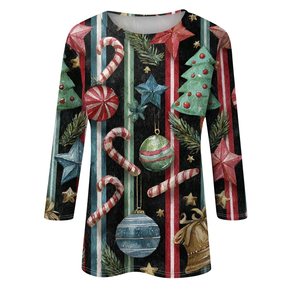 Women's Fashion Casual Round Neck Three-quarter Sleeve Christmas Print T-shirt Top