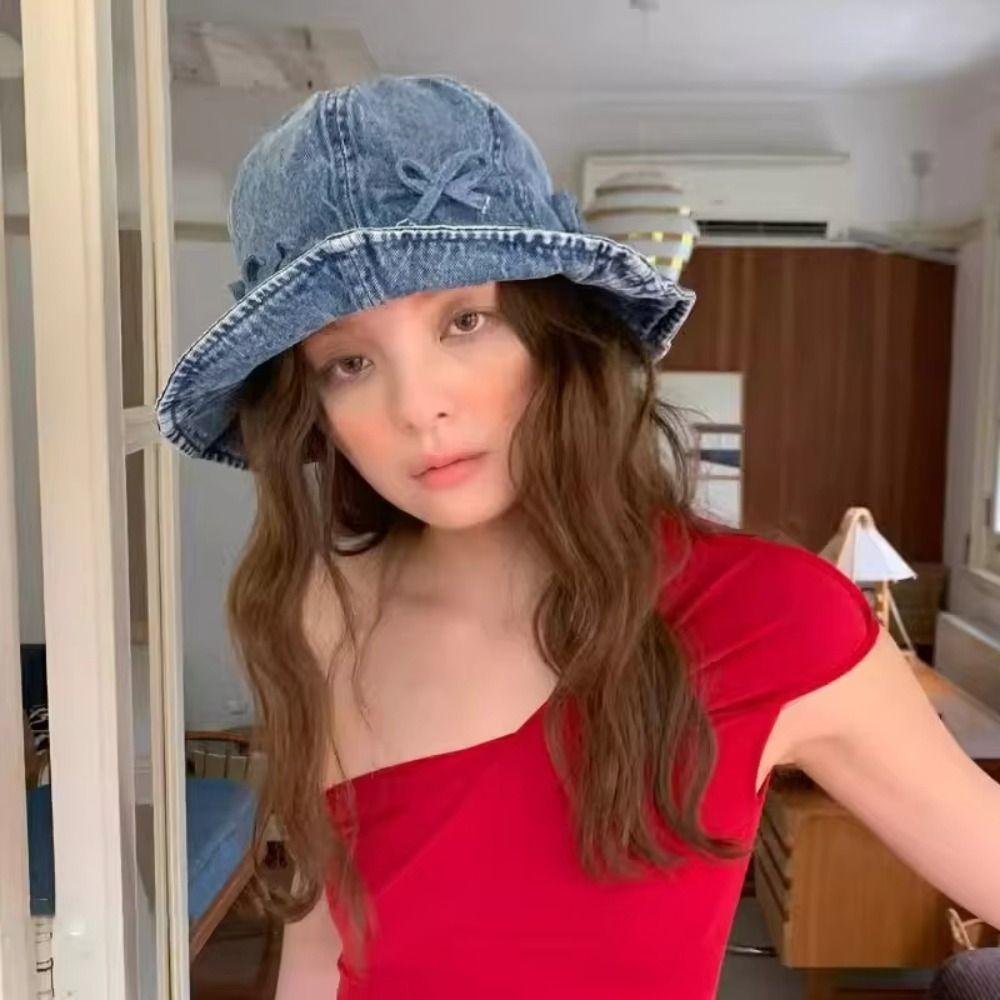 Korean Style Denim Bucket Hats Sweet Sunscreen Hat Cute Bow Fisherman Hat Summer Spring