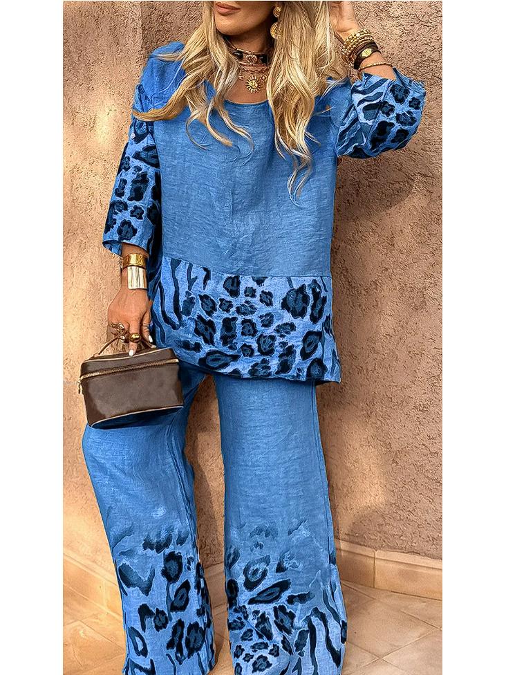2025 Women's Casual Leopard Print Cotton Linen Two-Piece Set
