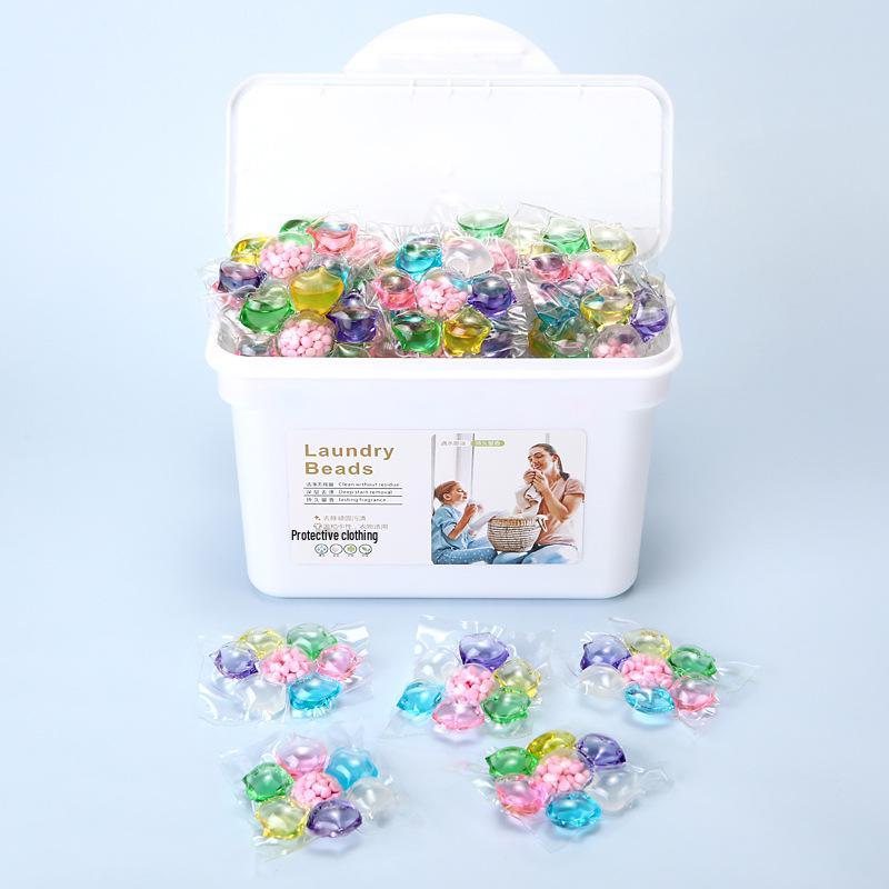 Five-in-One Laundry Pods: Long-Lasting Scent, Stain Removal, Softening, and Concentrated Detergent Beads.
