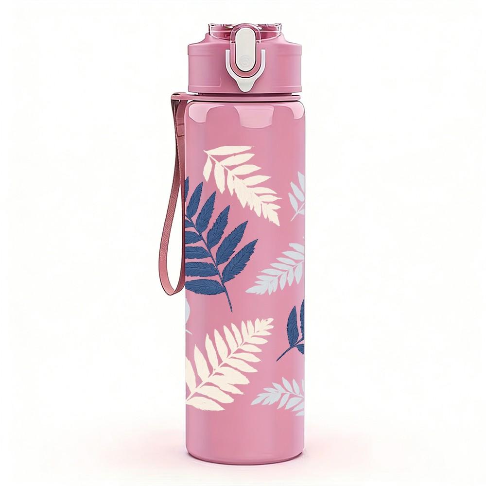 1PC Blue Grey Fern Leaf Pattern Print 750ml Color Plastic Sports Water Bottle Leakproof Flip Straw Lid Suitable for Sports Office Home Use
