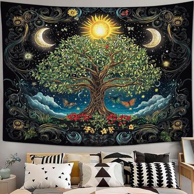 Lebensbaum Wandteppich Bohemian Baum Ästhetische Wandteppiche Boho Sonne Mond Wandkunst Natur Floral Hängende Dekoration Heimdekoration Für