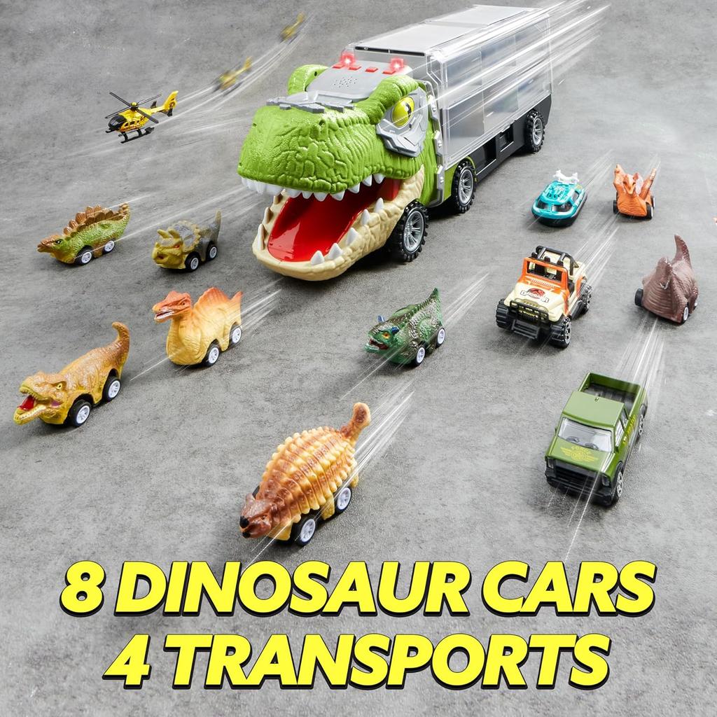 JOYFY 13 in 1 Dinosaur Transport Truck Toys with 12 Pull Back Cars Small Cars Set for 3+ Years Boy Birthday Christmas Gifts Toys