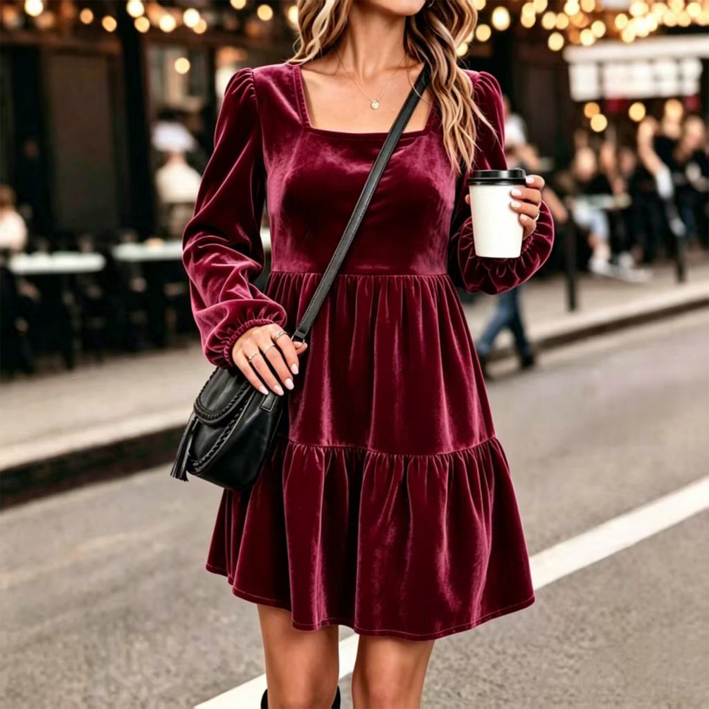 Women's Velvet Long Sleeve Square Neck Dress, Vintage Elegant for Fall and Winter