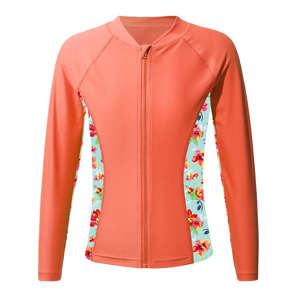 Mergaičių UPF 50+ maudymosi marškiniai ilgomis rankovėmis su užtrauktuku, apsauginis nuo saulės topas, maudymosi drabužiai baseinui, paplūdimiui