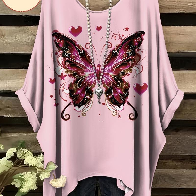 Women's plus size Plus T-shirt, colorful butterfly pattern all over printed short sleeves, accessories not included