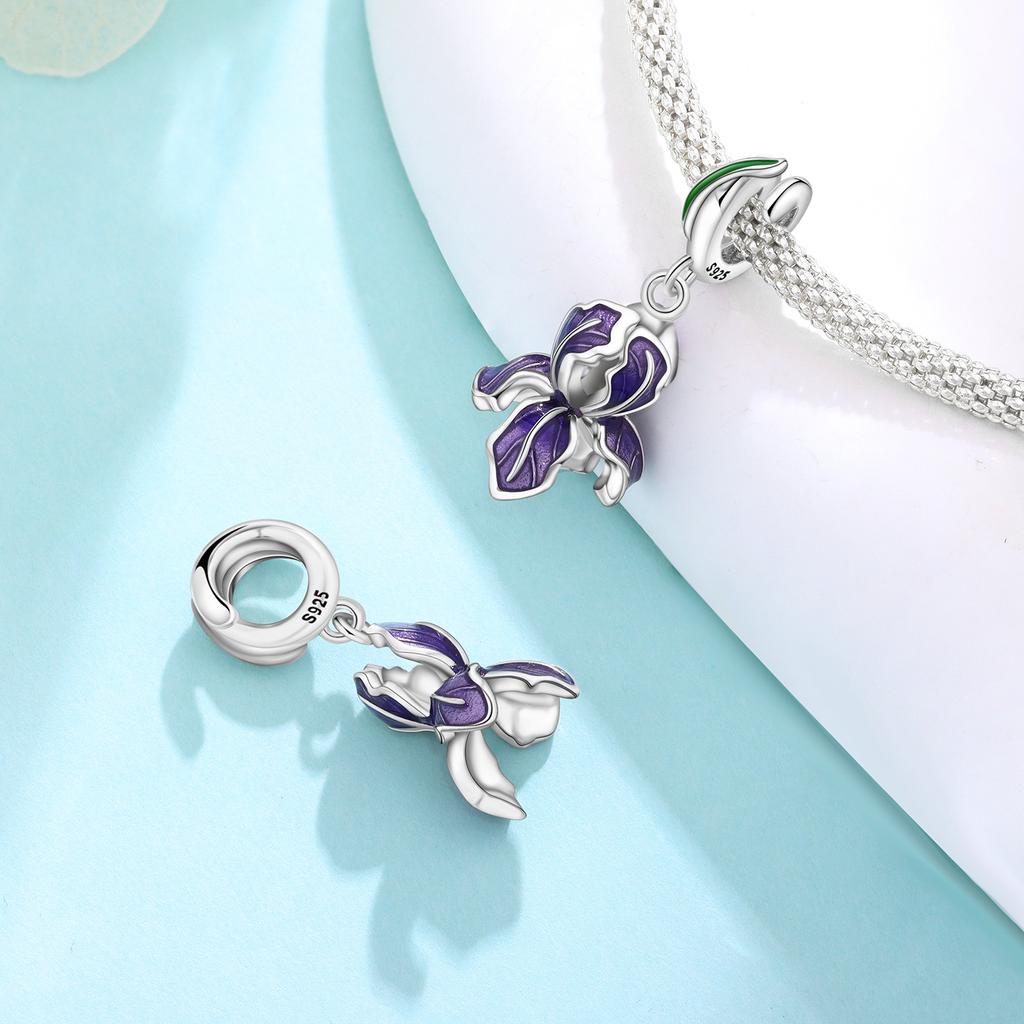 Copper Purple Iris Flower Pendants Bracelet Charms Fit Women Jewelry Party Beads Diy Exquisite Gifts Accessory