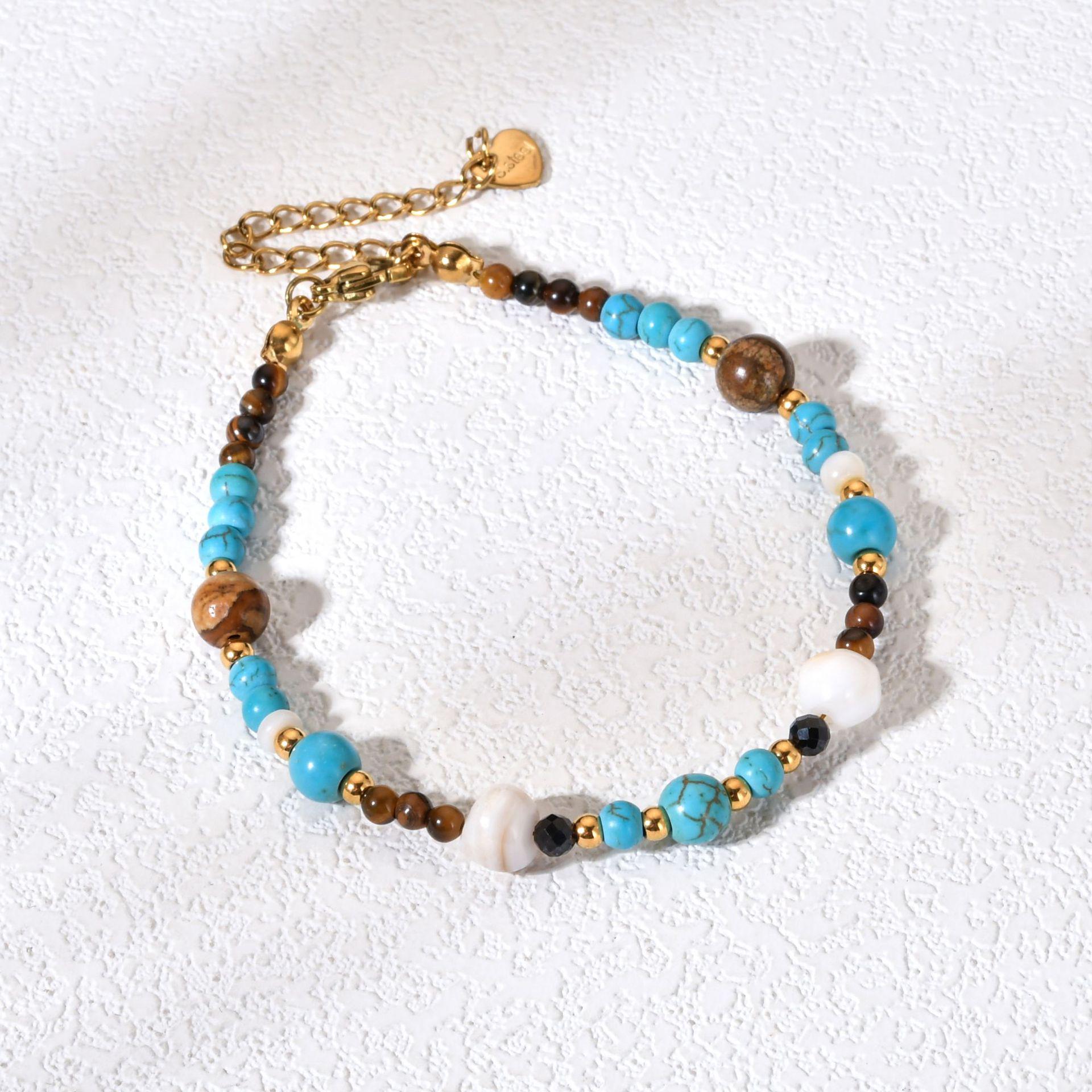Bohemian Retro Colorful Natural Stone Beaded Bracelet with Stainless Steel, Colorfast Design