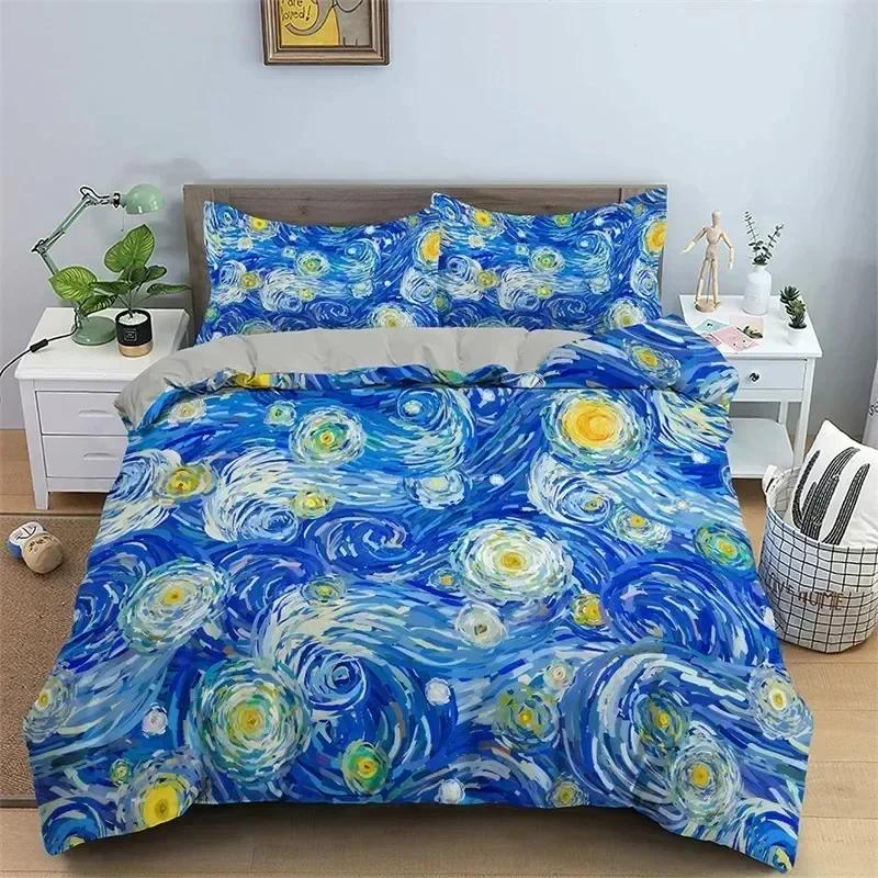 Hvězdná noc Van Gogh Povlak na přikrývku Sada Královská velikost, Olejomalba Slavné Moderní Klasické Nebe Hvězdy Umění, Dekorativní 3D Sada povlečení