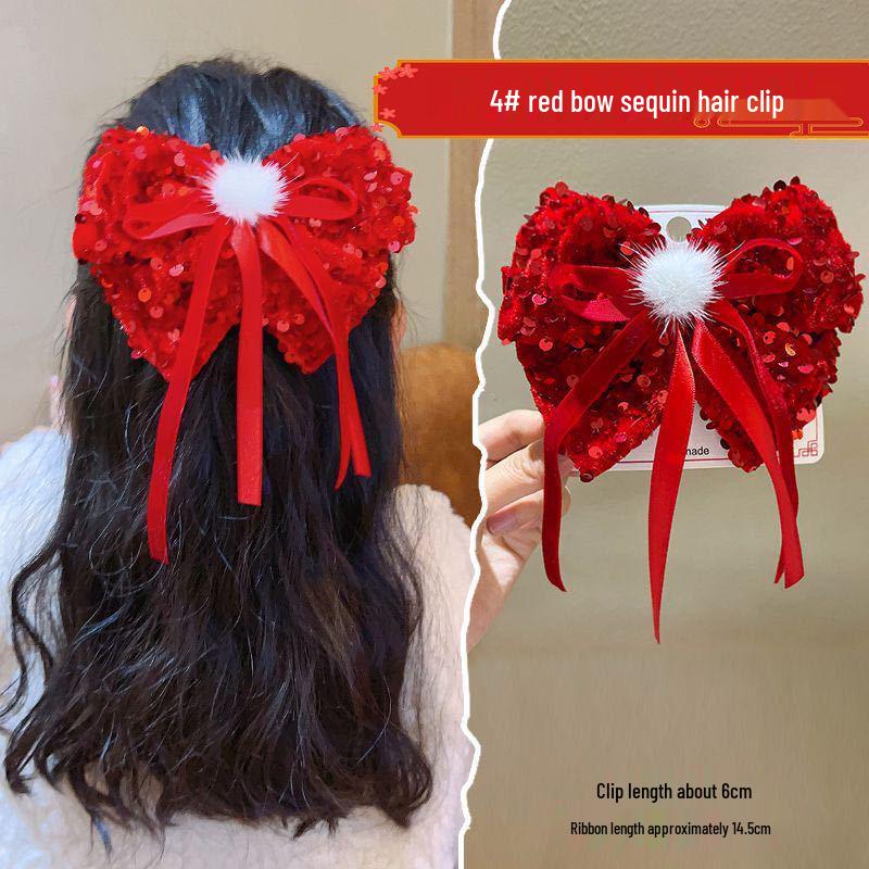 Girls' Bun Hairstyle Red Bow Hair Clip – Princess Headwear Accessory for Women & Children