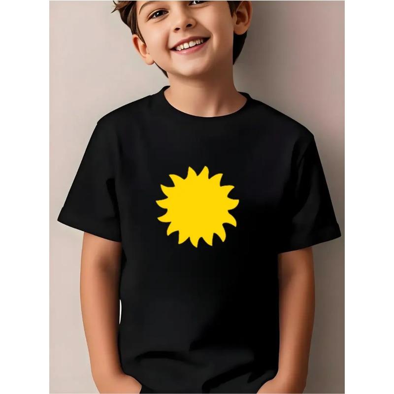 European sizes Creative Yellow Sunflower Print Boys T-Shirt, Casual Short Sleeve Comfortable Summer Outdoor Top, Outdoor Sports Essential