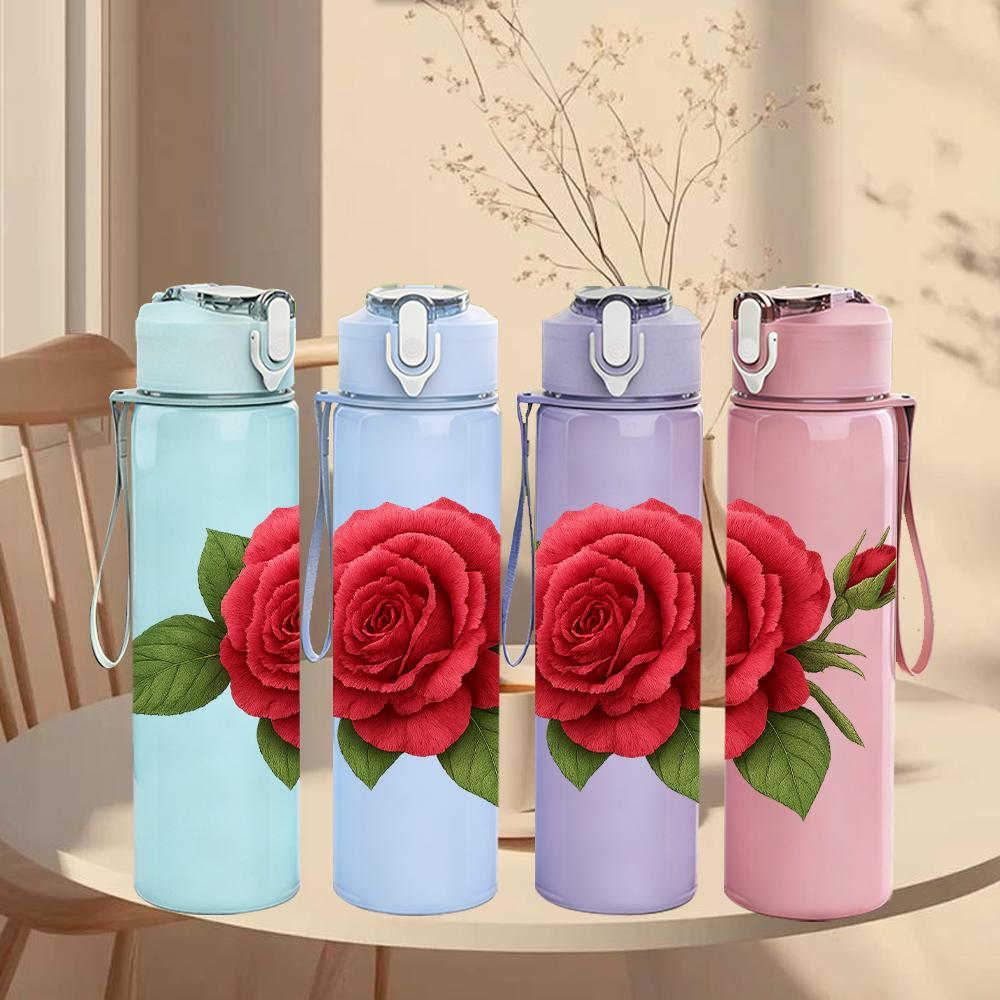 1PC Single Red Rose Bloom 750ml Color Plastic Sports Water Bottle Leakproof Flip Straw Lid For Sports Office Home Use