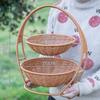 Rattan Style Two-Tier Collapsible Fruit Basket with Handles Portable Kitchen Counter Storage Bin Curved Serving Snack Organizer