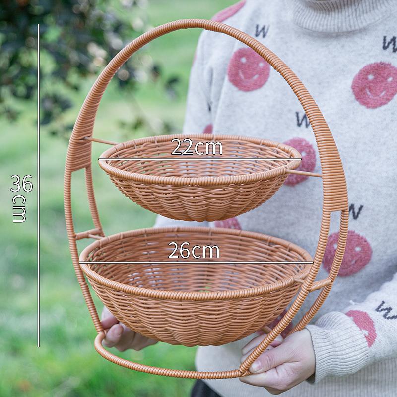 Rattan Style Two-Tier Collapsible Fruit Basket with Handles Portable Kitchen Counter Storage Bin Curved Serving Snack Organizer