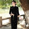 Black Velvet Long Sleeve Cheongsam Dress Winter Warm Thickened Retro Style Women Daily Wear