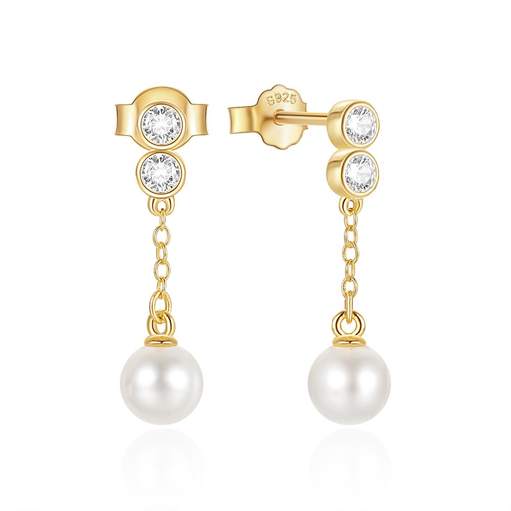 Fashion 925 Sterling Silver Small Zircon Tassel Chain Dangling Pearls Gold Plated Stud Earring Jewelry for Women