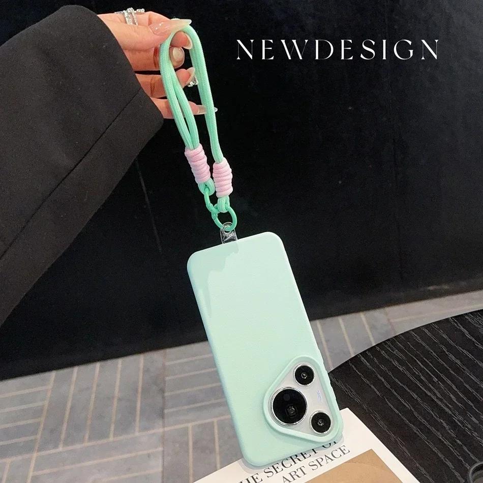 Litchi Pattern Leather Wrist Strap Case for Huawei P70 Pura 70 Ultra P60 P50 Pro Mate 40 50 60 Pro Plus Soft Lanyard Cases Cover