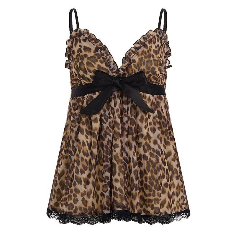 American-Style Spicy Girl Style Sexy Ruffled V-Neck Bow Leopard Print A-Line Top with Contrasting Color Mesh Camisole Brown S