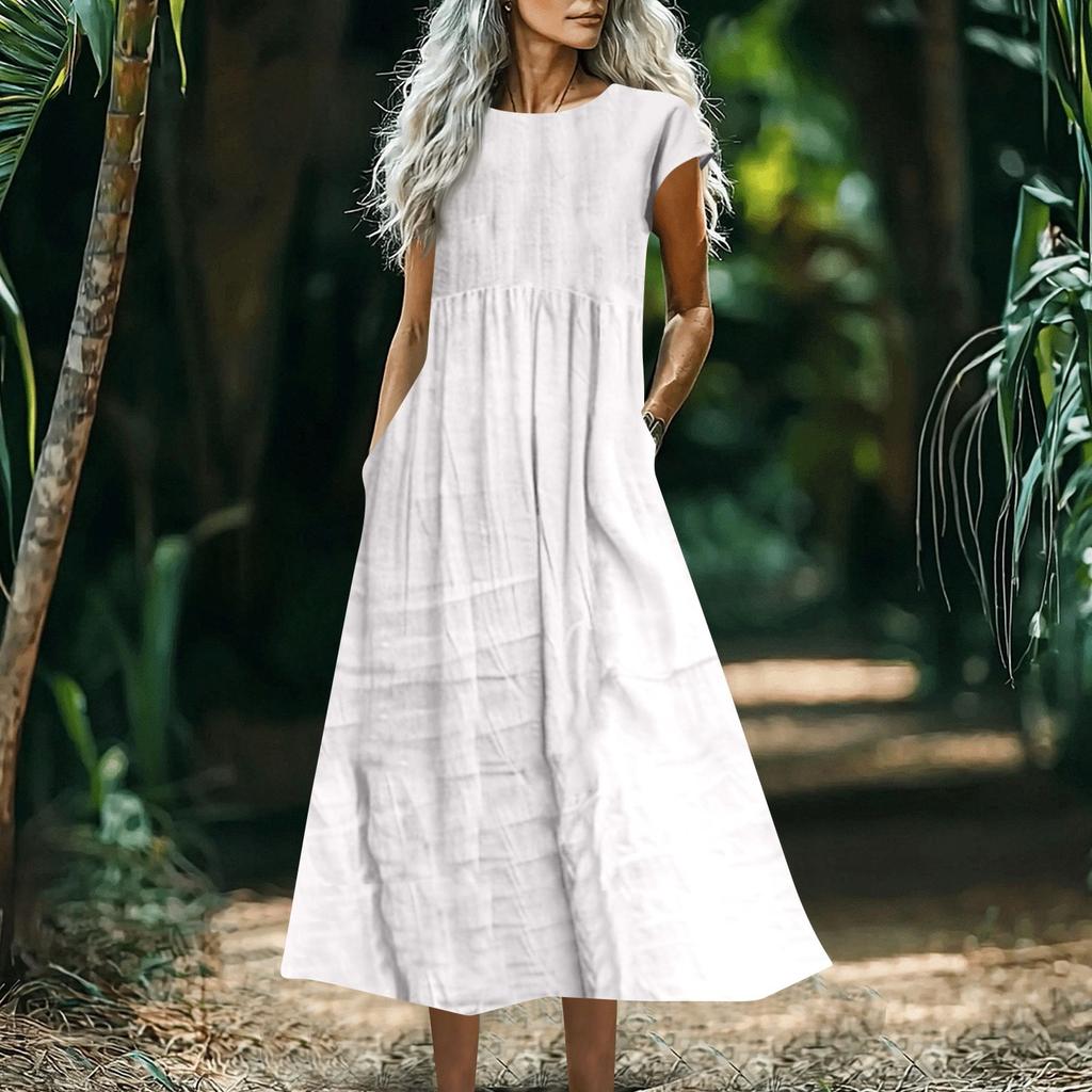 Women's Fashionable Solid-color Cotton And Linen Sleeveless Loose Pocket Dress