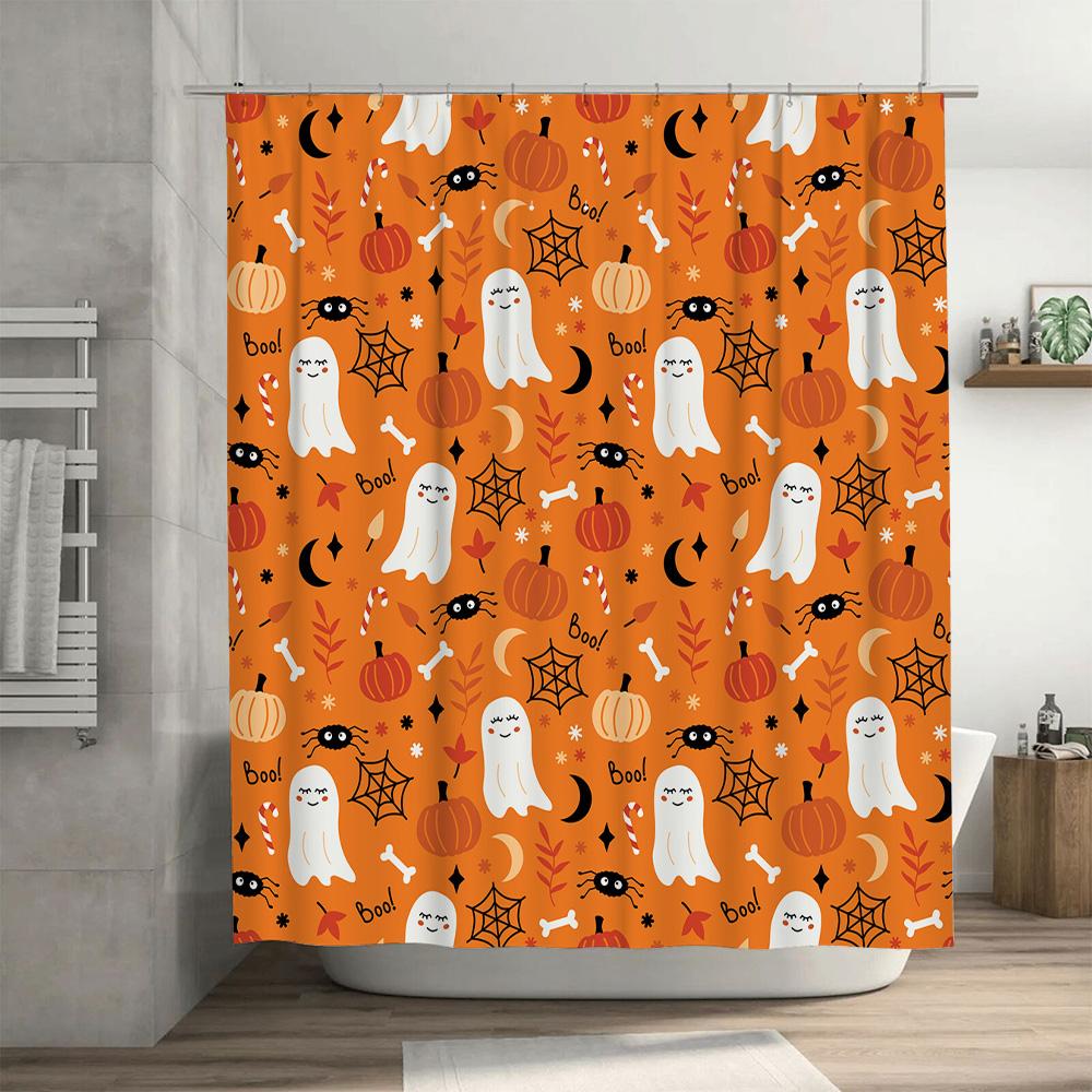 Halloween Ghosts Spider Web Pumpkin Candy Halloween Shower Curtain Home Decor Waterproof Bat Red Leaf Cartoon Orange Print Bathr