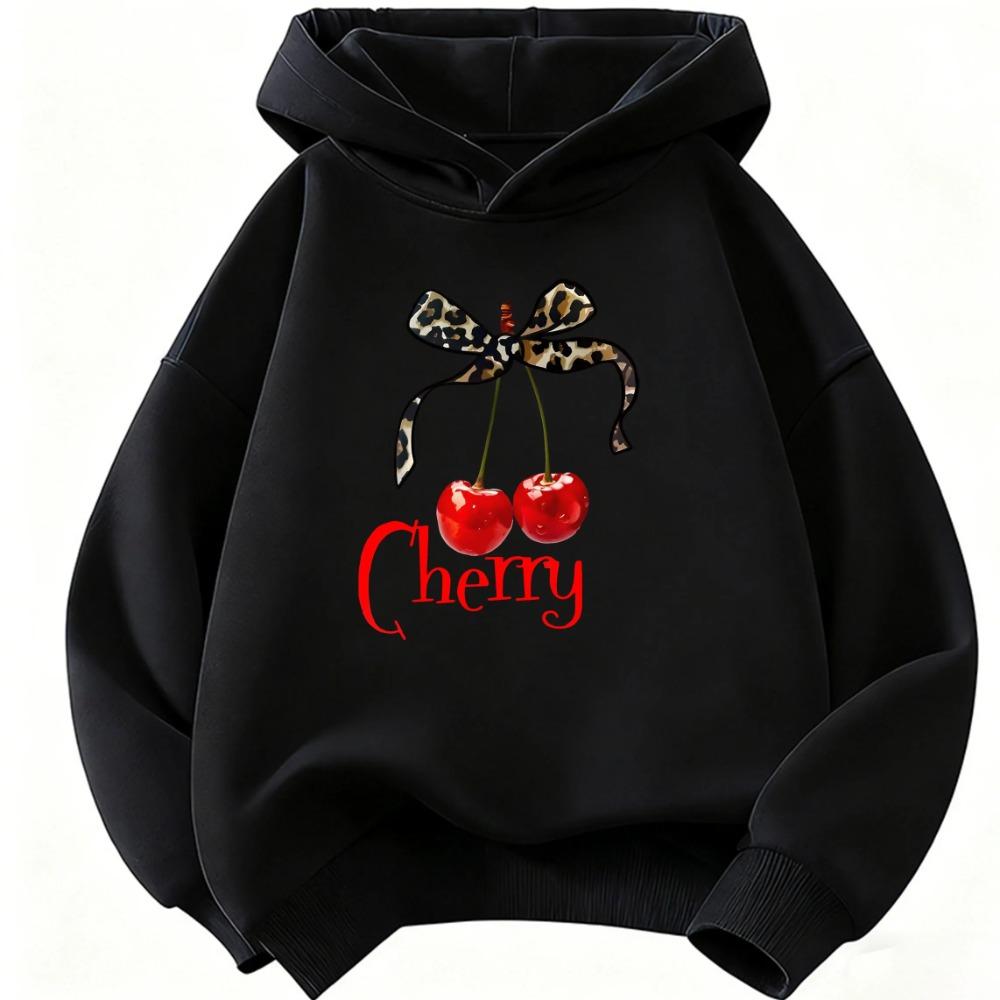 Felpa con Cappuccio Bambina Stampa Ciliegie e Fiocco Leopardo Moda Y2k Ragazze Primavera Casual