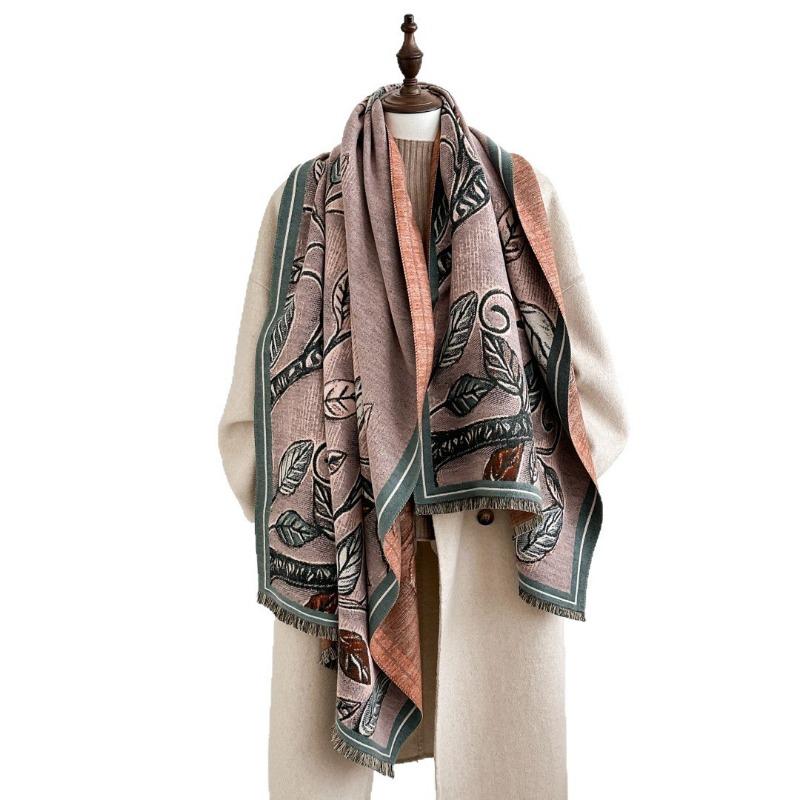 Autumn and Winter Retro Leaf Mother Scarf Imitation Cashmere Jacquard Four Shuttle Scarf Women's Warm Thickened Scarf Shawl