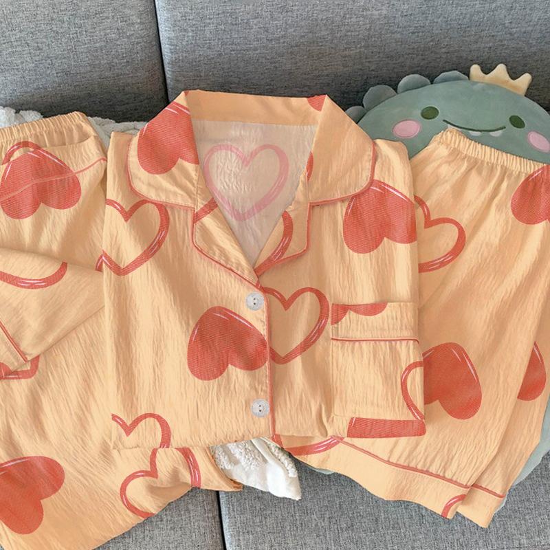 

Ленивая французская милая пижама для любви женская летняя из мятой ткани с коротким рукавом удобная свободная домашняя одежда комплект из трех предметов M