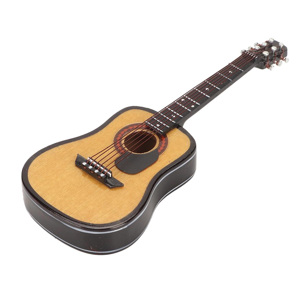 Miniature Wooden Guitar Model Exquisite Realistic Mini Musical Ornaments with Storage Box for Dollhouse Decoration 3.9in