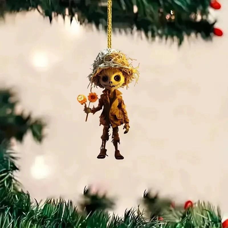 Wearing Skull Halloween Straw Hat And Hold Flower Acrylic Flat Pendant Surface