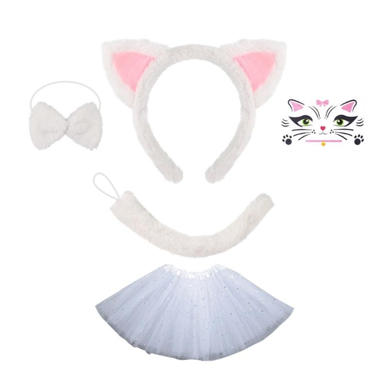 Костюм кошки Набор Уши Хвост Бантик Пачка Юбка Животное Необычный Костюм Комплект Аксессуары Дети Девочки Хэллоуин Косплеи Реквизит
