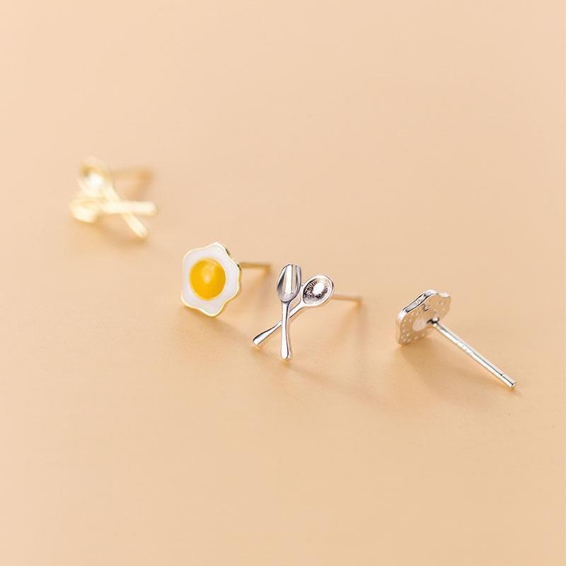 Fashion Asymmetric Fried Egg Fork Spoon Stud Earrings For Women